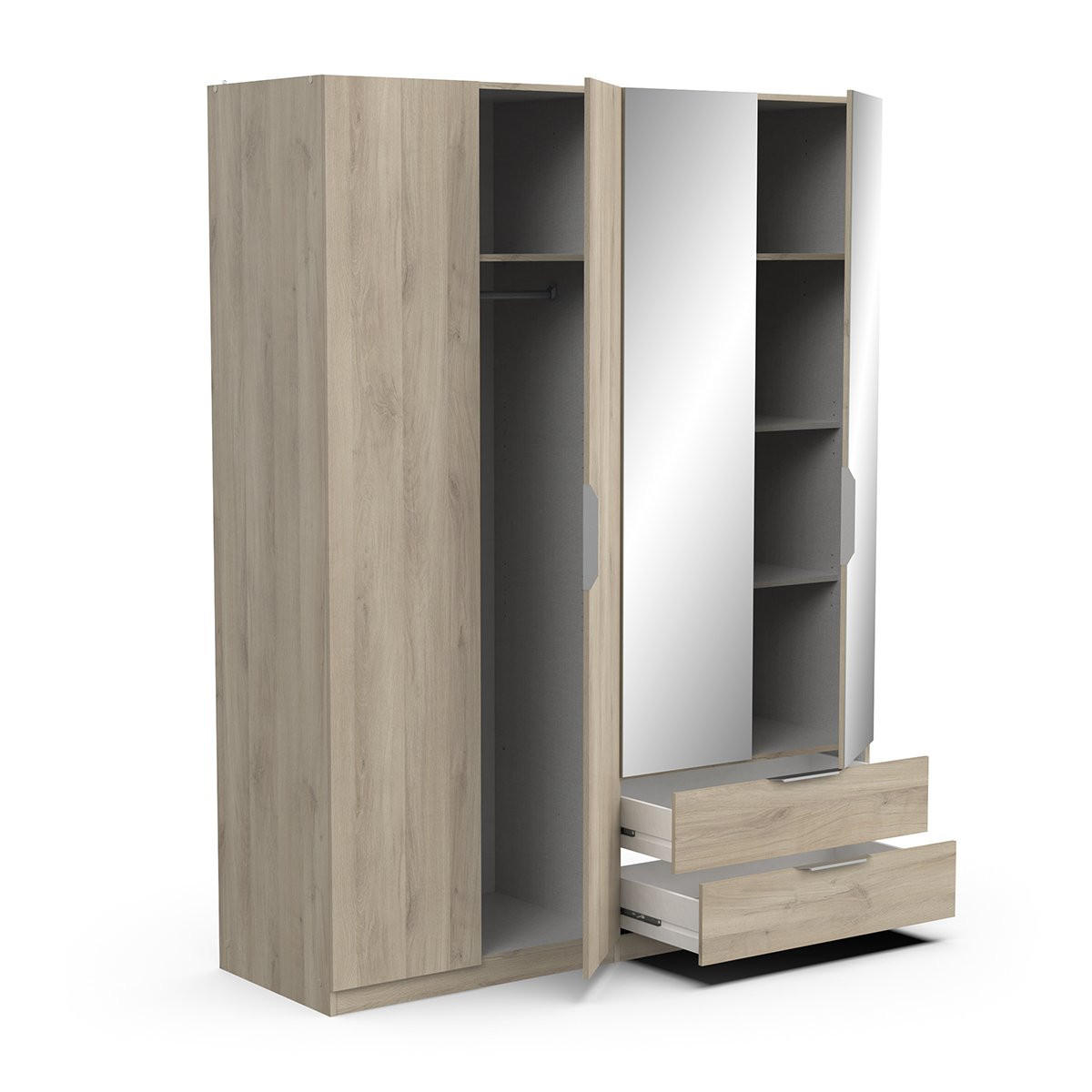 KLEIDERSCHRANK mit 4 Türen, 2 Schubladen und 2 Spiegeln Ghost - L157,3 cm - Sonoma Eiche, Holzwerkstoff (51.1/203/157.3cm) - Calicosy
