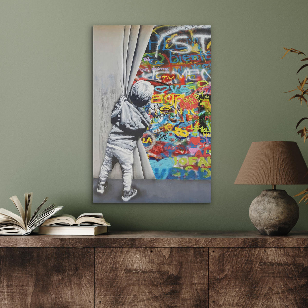 AKUSTIKBILD Graffiti - Junge - Ilussie - Straßenkunst Kunstdruck Schlafzimmer 50x70 cm - Hellgrau, Kunststoff (50/70/0.9cm) - MuchoWow