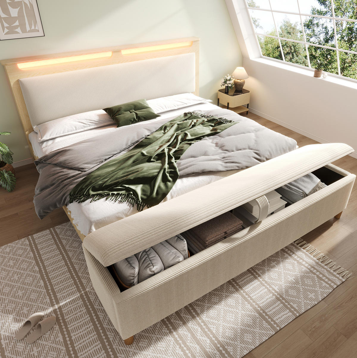 POSTEL 180/200 cm s LED osvětlením, úložným čelem a lavicí s úložným prostorem, manšestr/dřevo, Světlý dub/Béžová - béžová, dřevo (180/200cm) - Redom
