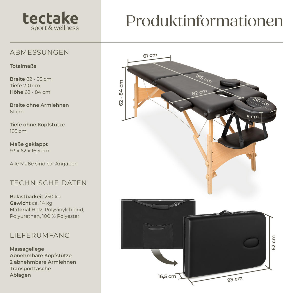 MASSAGELIEGE 2 Zonen Freddi,210 x 95 x 84 cm,schwarz - Schwarz, Holz (61/62/185cm) - tectake