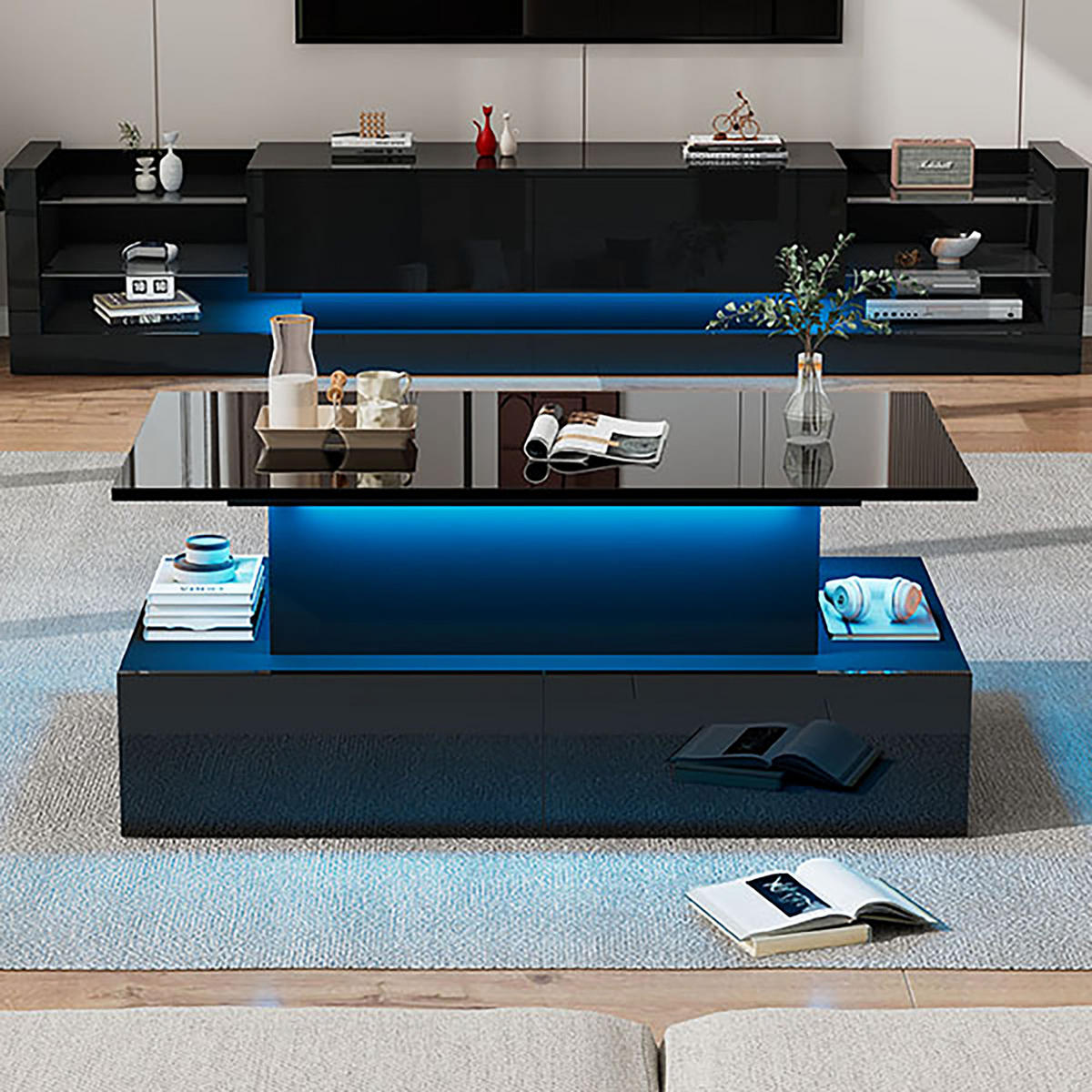 COUCHTISCH Schwarz, 90/55/41 cm mit LED und 4 Schubladen - Schwarz, Holzwerkstoff (55/90/41cm) - PANGIVO