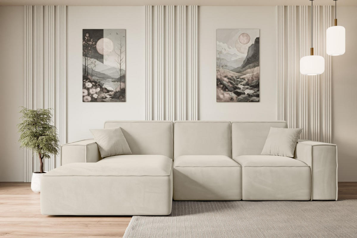 ECKSOFA Ottomane Links SERRA-L - 266x165x73 cm Beige Velours - Beige/Schwarz, Holzwerkstoff/Kunststoff (165/266cm) - ALTDECOR