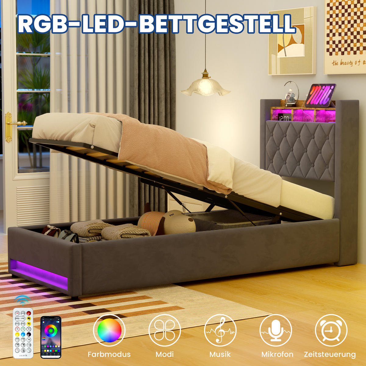 POLSTERBETT 90/200 cm Grau mit LED-Lichtleiste und USB-Anschlüssen - Grau, Holzwerkstoff (90/200cm) - OKWISH