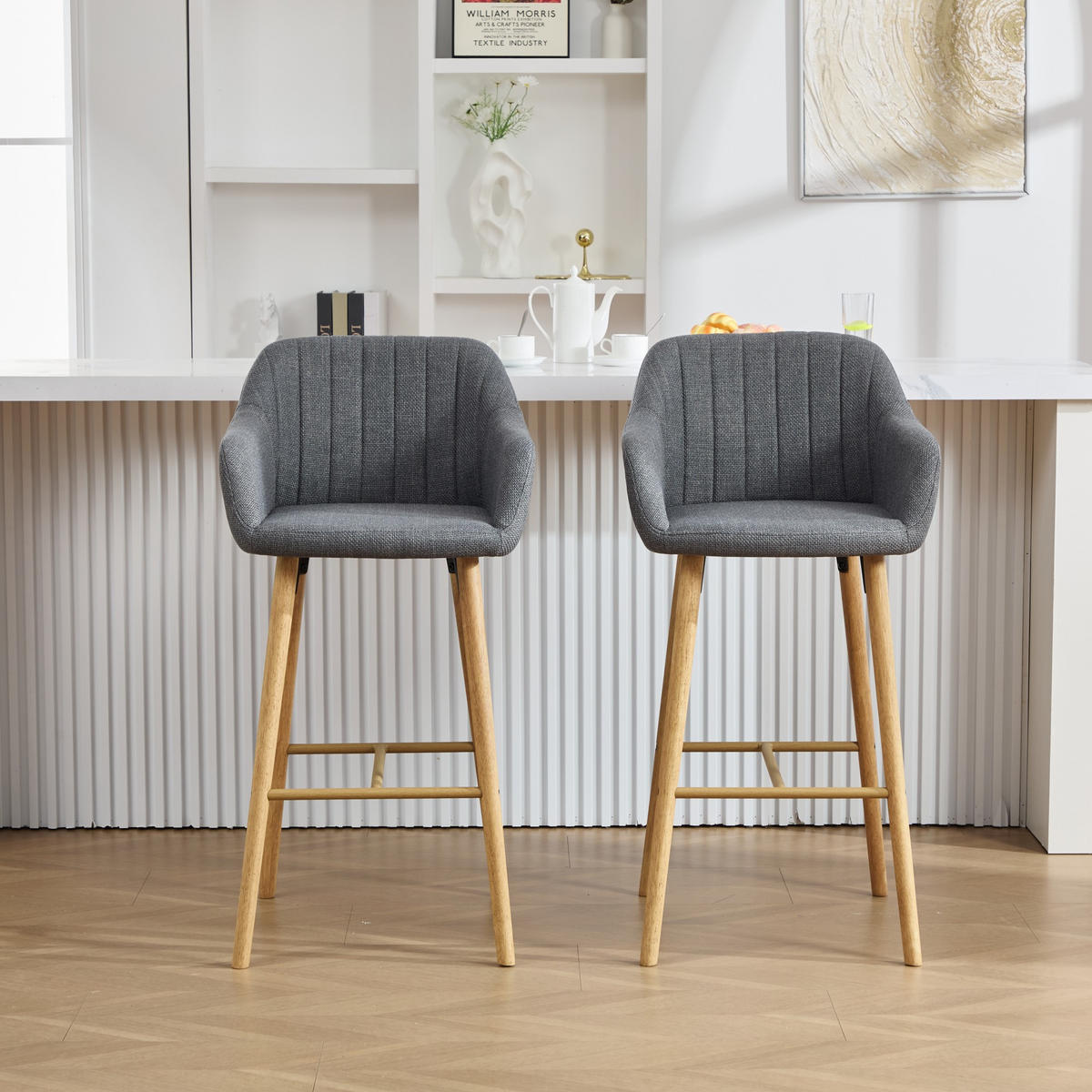 BARHOCKER,2ER-SET,BARSTÜHLE,KÜCHENSTÜHLE,LEINEN,GRAU - Grau, Textil (55/104/51cm) - LVHOM