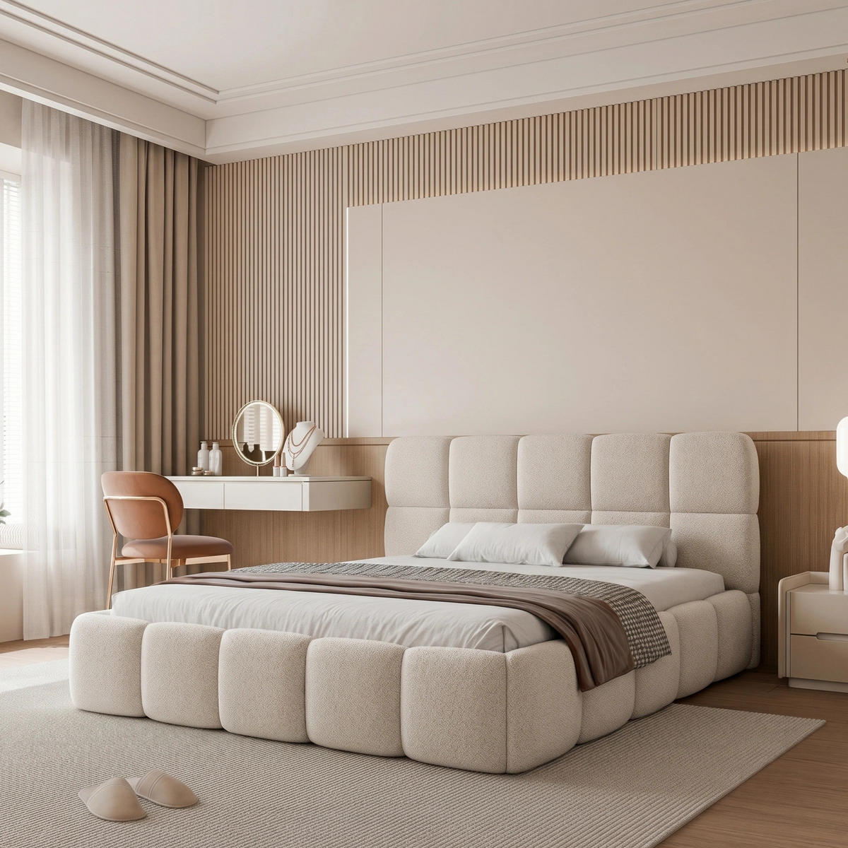 POLSTERBETT CERETTO 140x200 cm Creme Bouclé (Stoff Quelle) - mit Bettkasten und Holzlattenrost - Creme, Holzwerkstoff/Textil (140/200cm) - Ravio