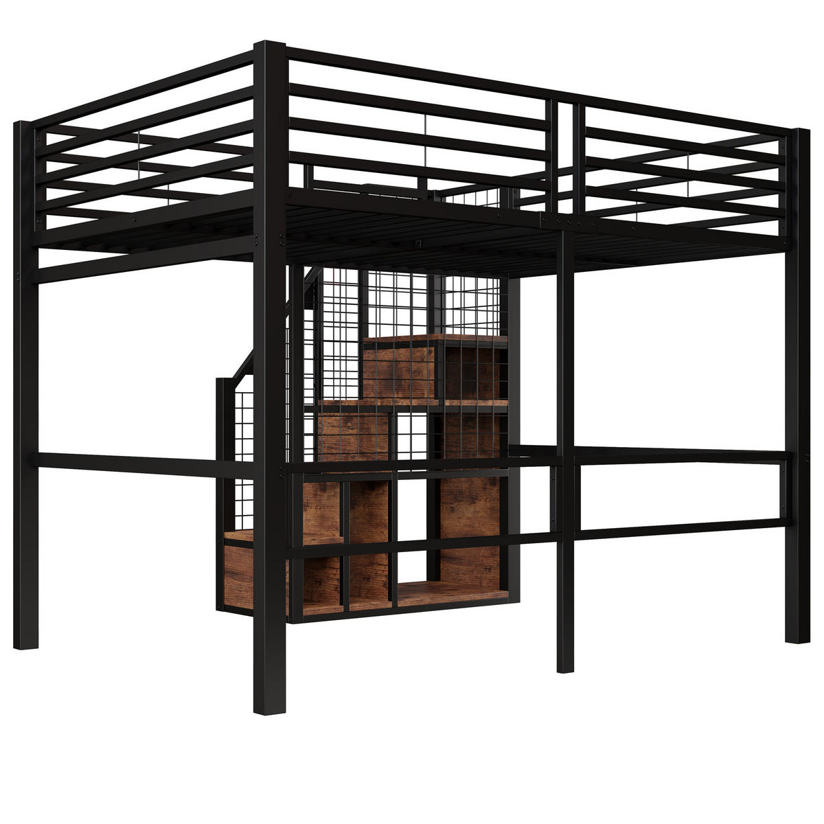 HOCHBETT aus Metall 140x200 cm in Schwarz mit Treppe & Stauraum - Schwarz, Metall (140/200cm) - Modfu