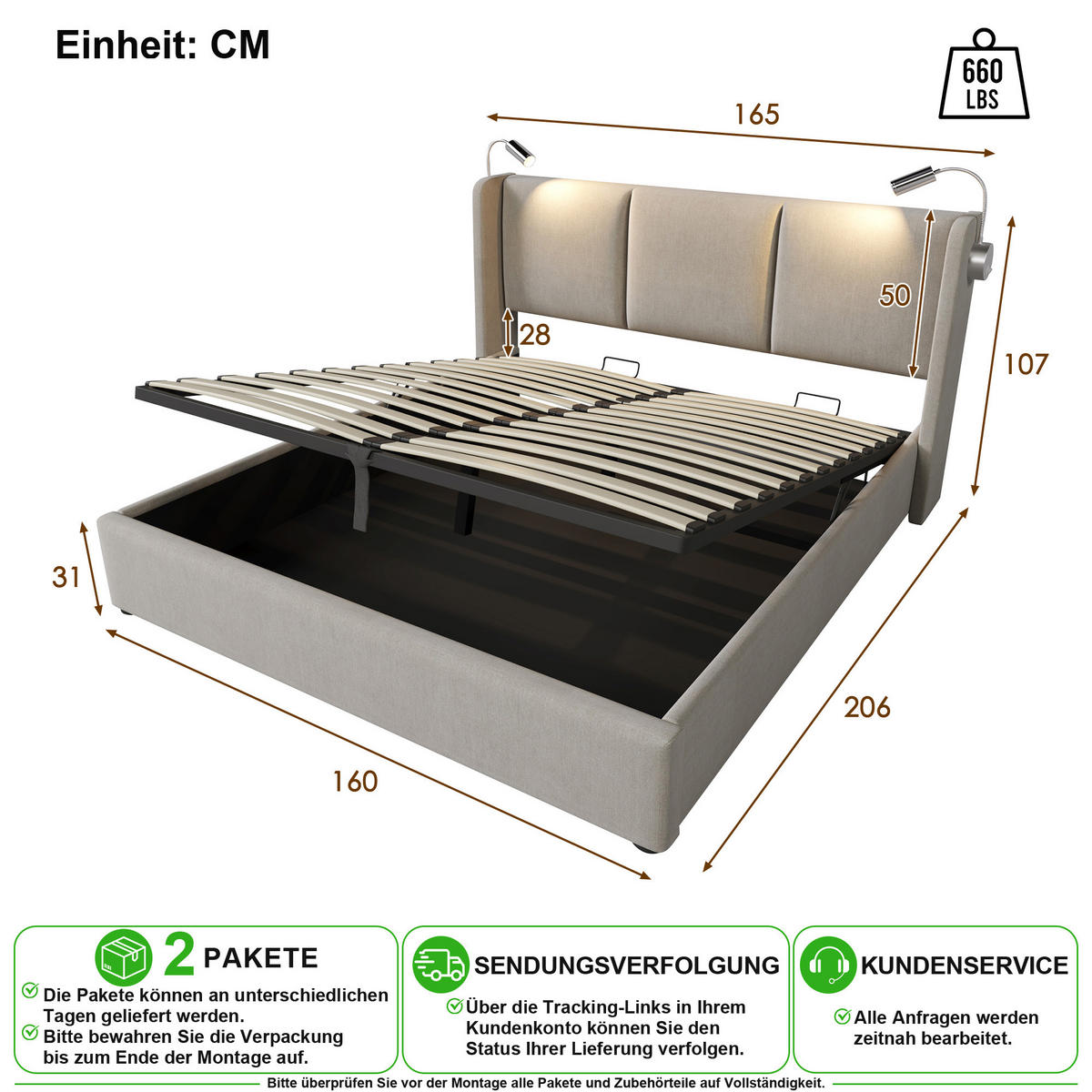 POLSTERBETT 160/200 cm in Beige Leinen mit Bettkasten, Leselampe und USB - Beige, Holzwerkstoff/Textil (160/200cm) - CHICFURN