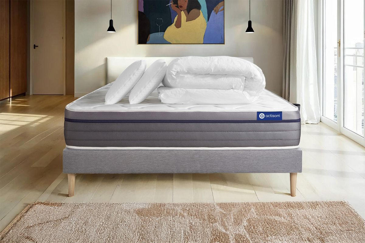 BETT Actimemo zen Memory-Schaum 160 x 200 cm h1 - Kit Bettgestell Grau - Mit Kissen und Bettdecke - Beige/Grau, Karton/Holz (160/200cm) - ACTISOM