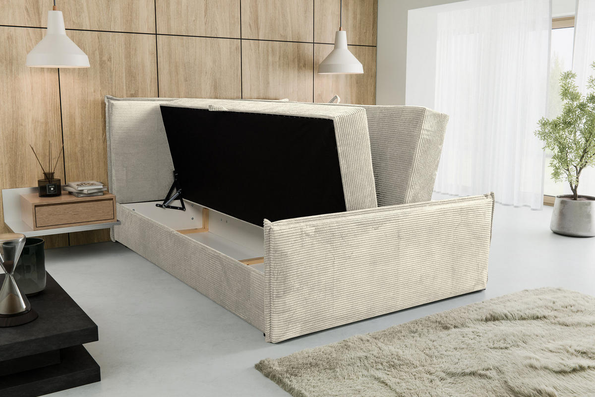 BOXBETT Vanessa mit 2 Bettkästen, 160x200, Farbe: Beige, Cordstoff, mit Bonell-Matratze inkl. Topper - Beige, Holz/Kunststoff (160/200cm) - VENASI MÖBEL