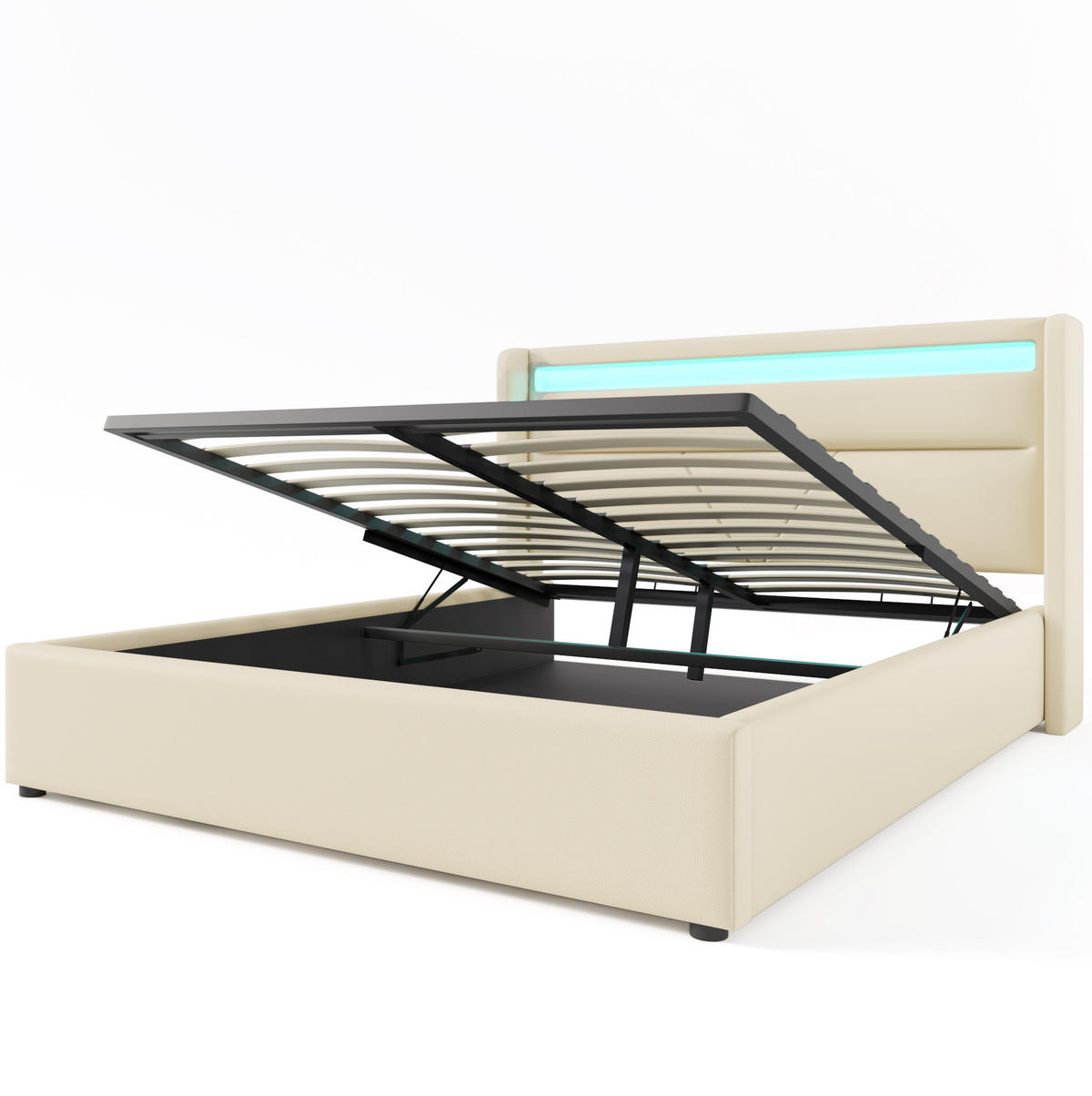 POLSTERBETT mit LED-Beleuchtung 140/200 cm mit Bettkasten, gepolstertem Kopfteil - Weiß, Kunststoff (140/200cm) - BEAOK