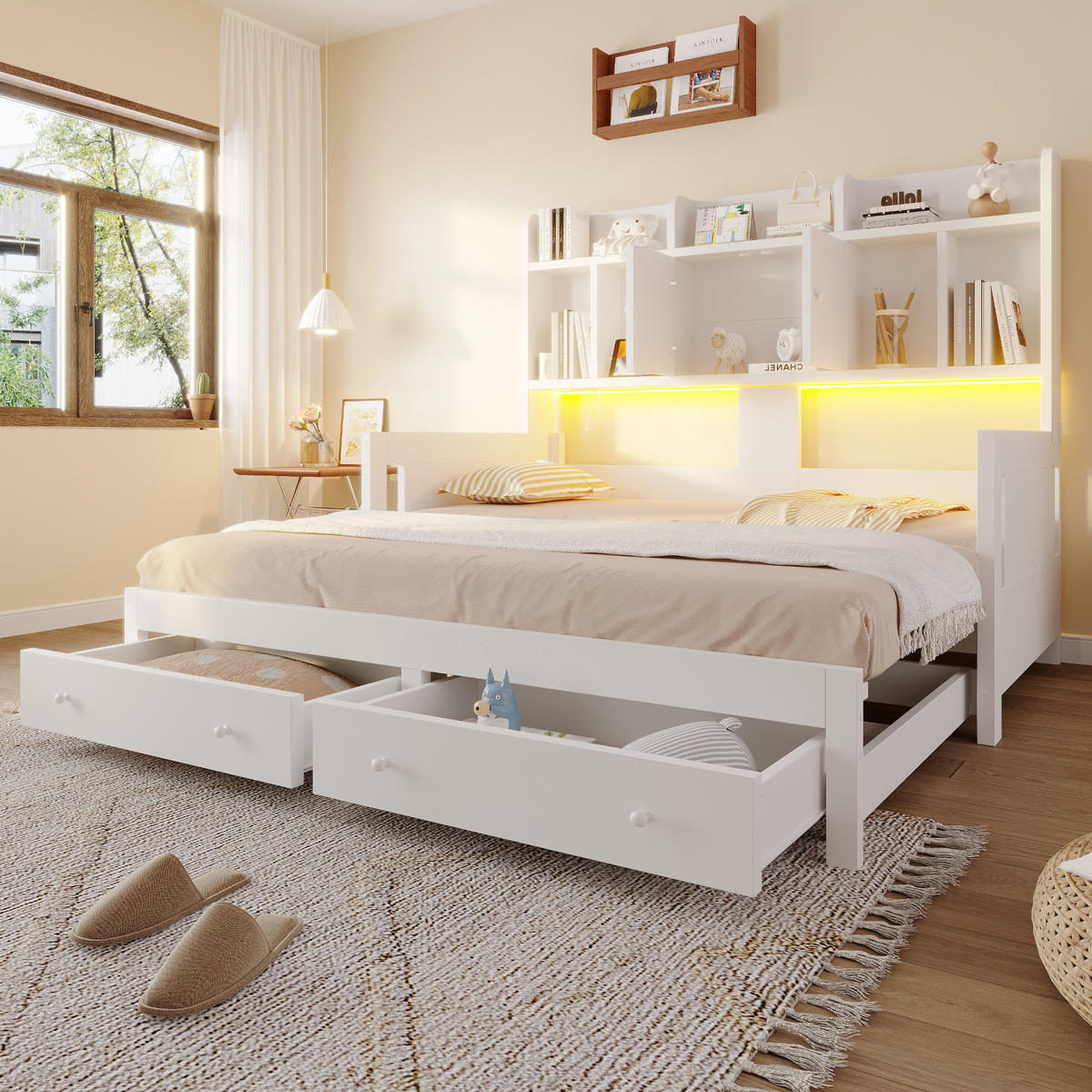 SCHLAFSOFA Holz Ausziehbett LED Stauraum Steckdose Weiß - Weiß, Holz (90/190cm) - FLIEKS