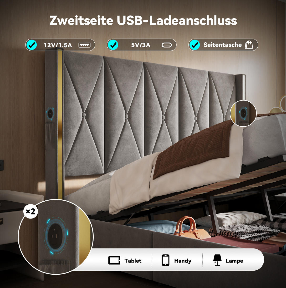 POLSTERBETT 180/200 cm mit LED-Beleuchtung, USB- und Type-C-Anschluss, Bettkasten und Seitentaschen, Dunkelgrau - Dunkelgrau, Textil (180/200cm) - Redom
