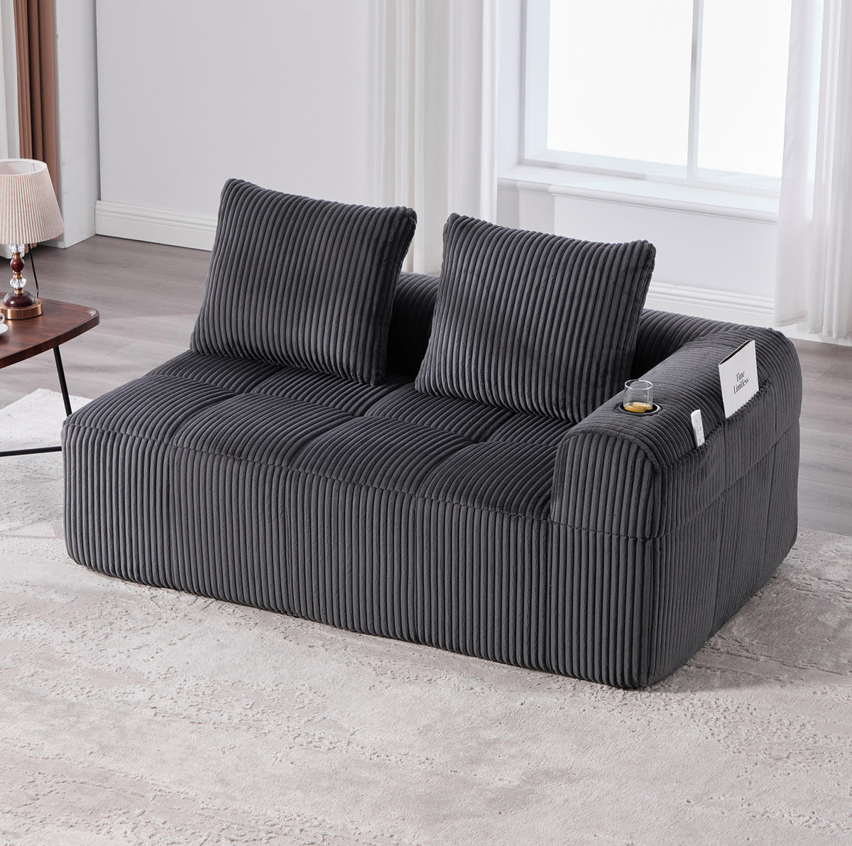 2-SITZER 158/93/61 cm Dunkelgrau aus Cord mit Seitenfächern und Becherhaltern - Dunkelgrau, Textil (93/61/158cm) - OKMYHOME