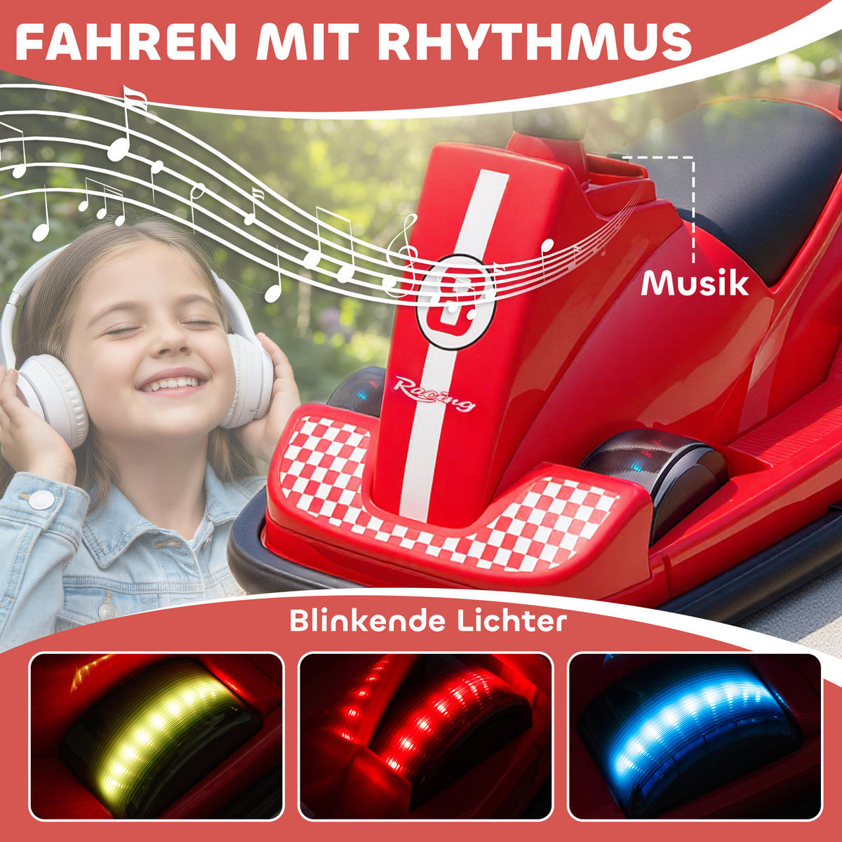 AUTOSCOOTER DE-06256 360° drehbar mit Lenkrad und LED-Lichtern Rot - Rot, Kunststoff/Metall (74/53/48cm) - ComfortXL