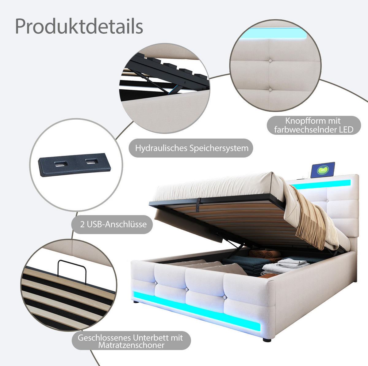 POLSTERBETT 90/200 cm Beige mit LED-Beleuchtung und USB-Anschlüssen - Beige, Textil (90/200cm) - Flora Grace
