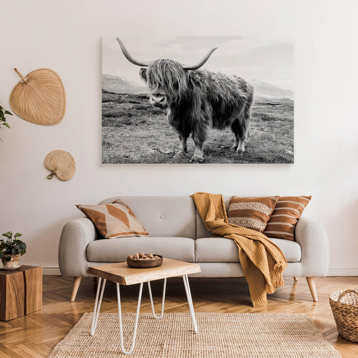 LEINWANDBILD Für Wohnzimmer Schottische Kuh Tier Natur 3D 100/70 cm - Schwarz/Weiß, Textil (100/70cm) - Muralo