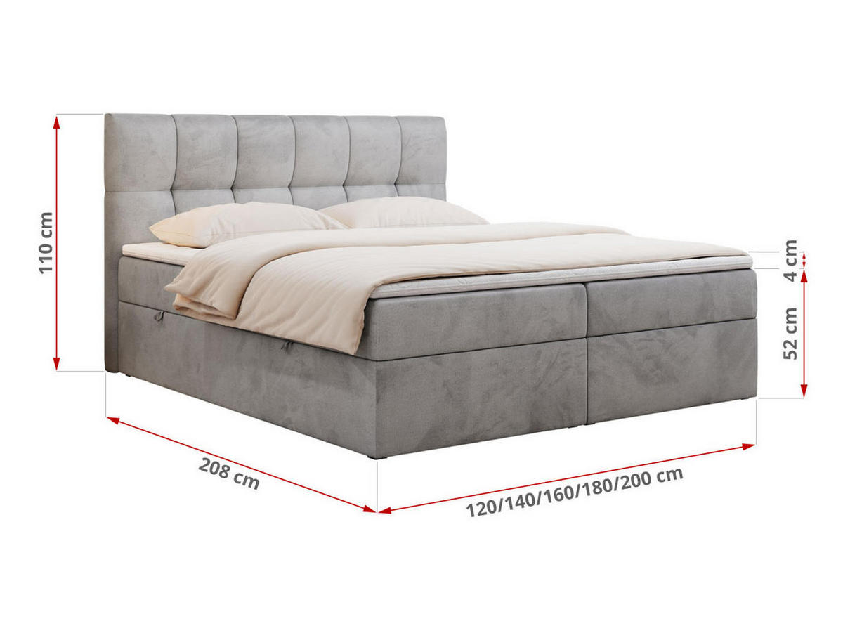 BOXBETT RICO 120/200 Hellgrau Velvet - H3 - Hellgrau, Holz/Textil (120/200cm) - MKS