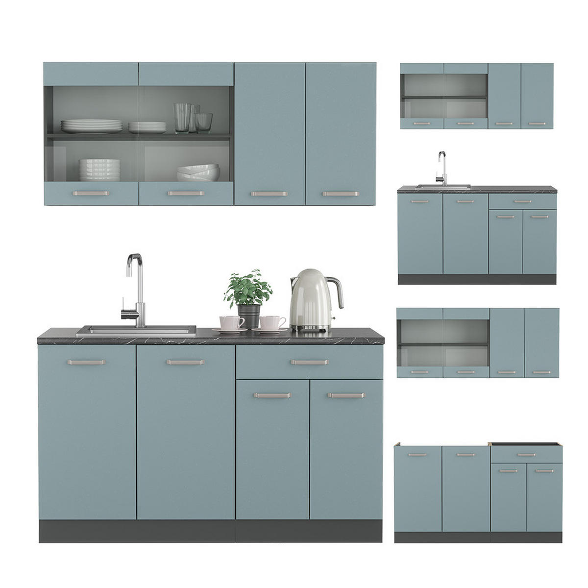 SINGLEKÜCHE R-Line Blau-Grau/Anthrazit 140 cm, AP Anthrazit - Anthrazit/Blaugrau, Holzwerkstoff (140/81.6/60cm) - Vicco