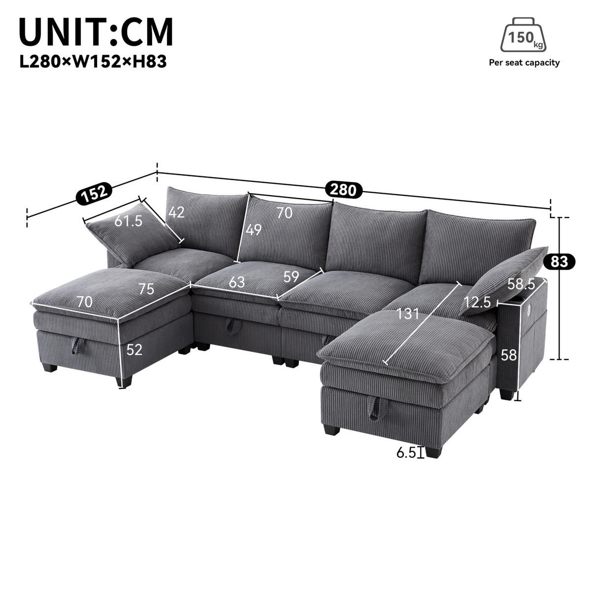 WOHNLANDSCHAFT aus Cord 280x151x82 cm Grau mit USB-Anschlüssen, Stauraum, Getränkehaltern und 2 Fußhockern - Grau, Textil (151/82/280cm) - Modfu