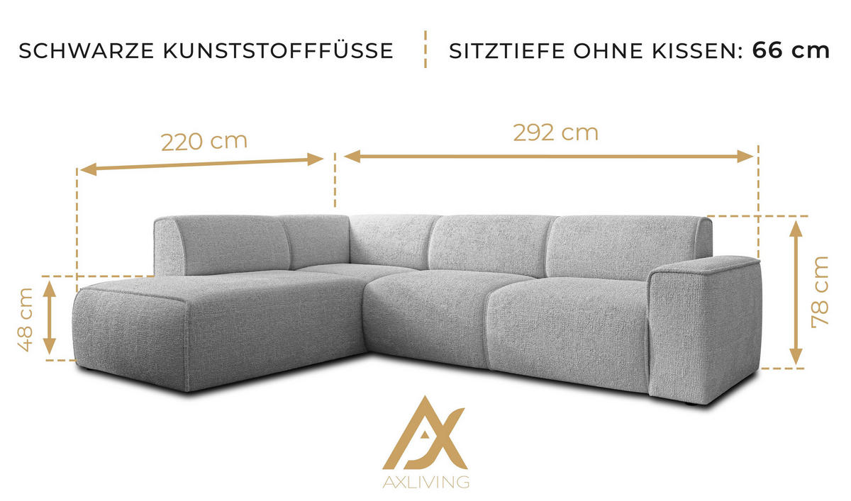 ECKSOFA L Form Didim Grau 292/220/78 cm – großes Sofa stilvoll & bequem L - Schwarz/Grau, Kunststoff/Textil (220/292cm) - AX Living