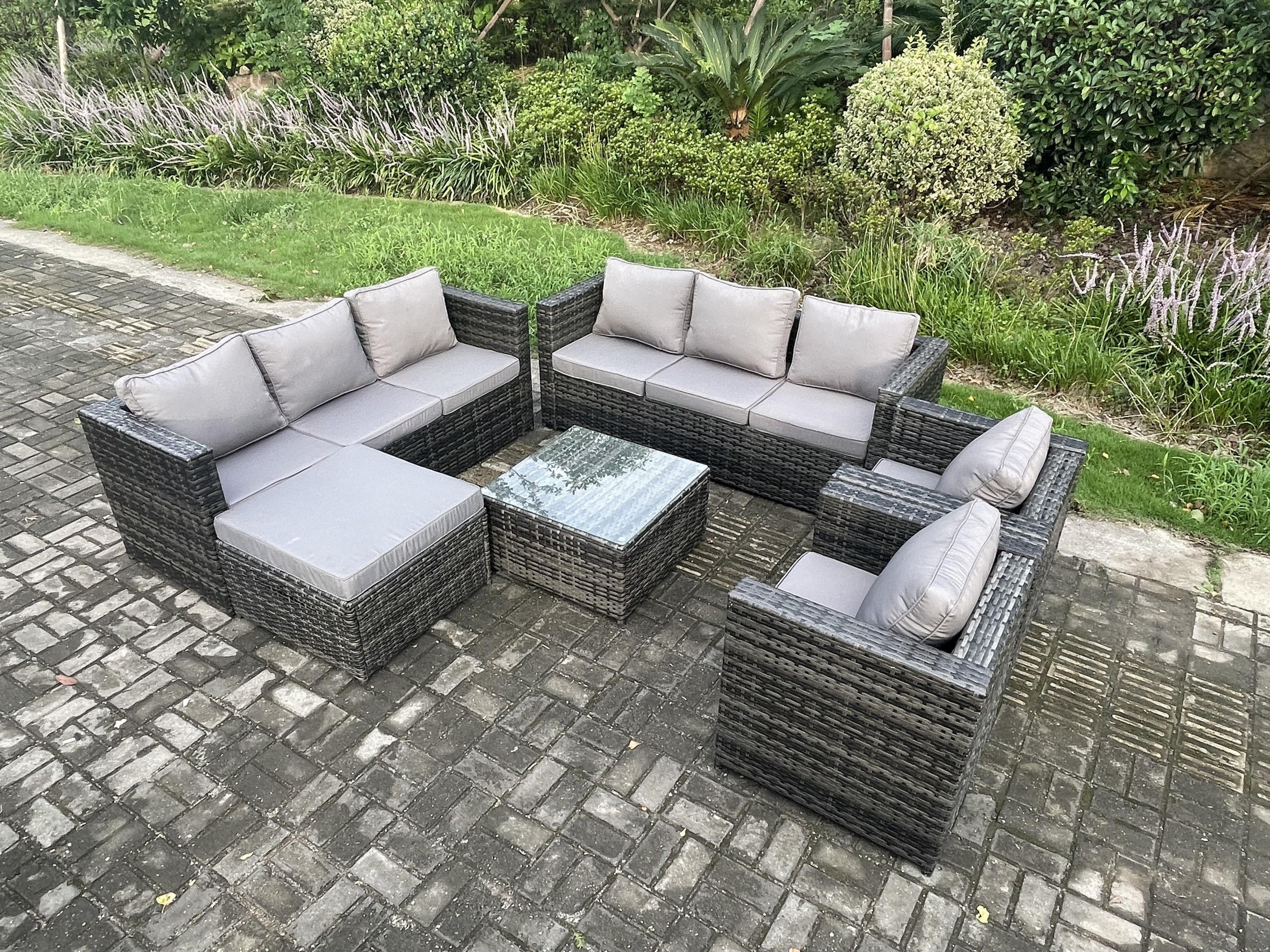 GARTENTISCHGRUPPE Polyrattan 9-Sitzer - Dunkelgrau, Metall - Fimous