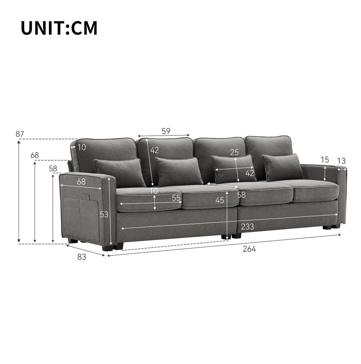 4-SITZER Sofa Leinenstoff mit Armlehnentaschen und 4 Kissen 264/83/87 cm Dunkelgrau - Dunkelgrau, Textil (87/264/83cm) - Redom