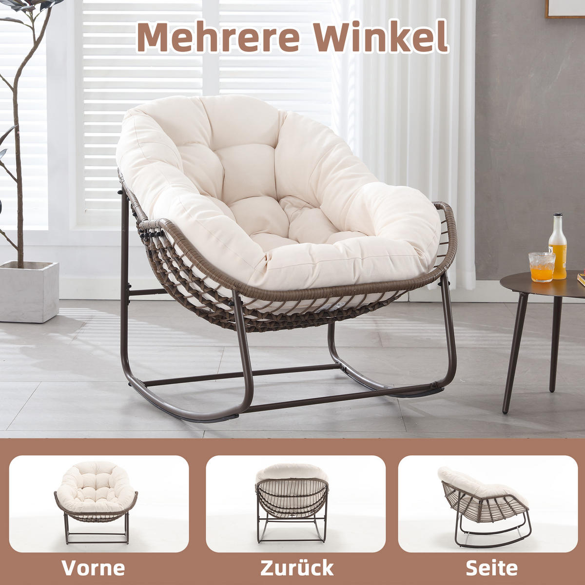 SCHAUKELSTUHL Schaukelsessel Garten,Rattanstuhl mit Stahlrahmen,Weiß-Polyester - Beige, Metall (94.5/80/111cm) - LVHOM