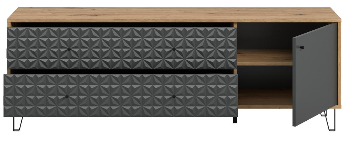 TV-LOWBOARD grau, Eiche Artisan 164 x 56 cm, TV Unterteil mit 3D-Struktur - Schwarz/Eiche Artisan, Holzwerkstoff/Kunststoff (164/56/40cm) - Inn.Furn