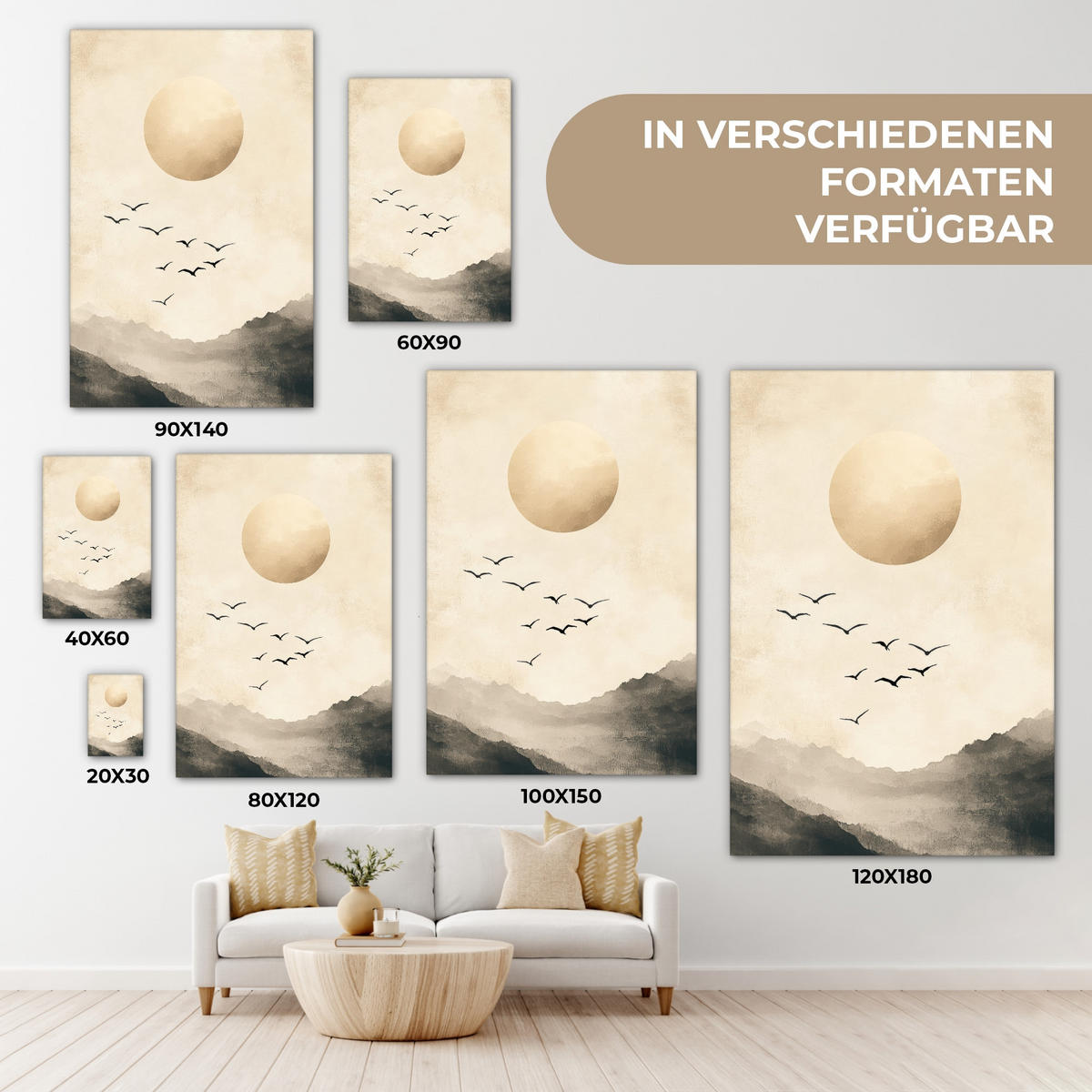 LEINWANDBILD Landschaft - Japandi - Vogel 80x120 cm - Beige, Textil (80/120cm) - MuchoWow