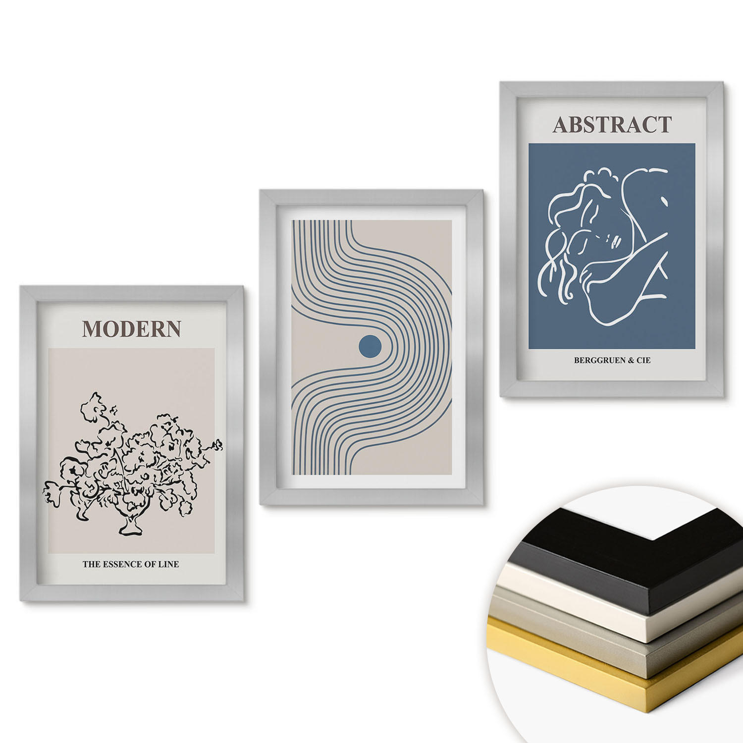 WANDBILDER 3er Set - 20x30 cm Silberner Rahmen - abstrakte Poster mit Blumenlinien - Silberfarben, Kunststoff (20/30cm) - ArtPrintCave