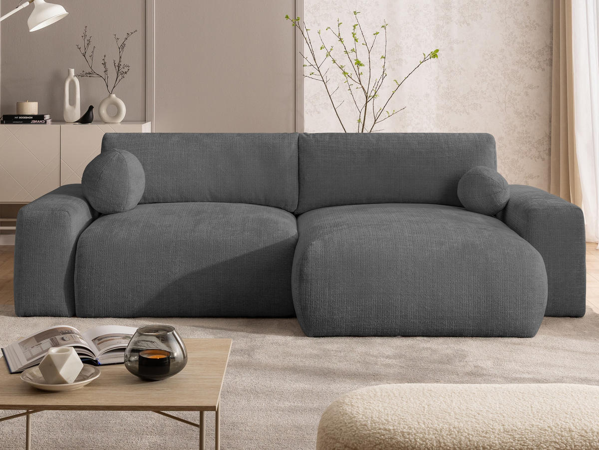 ECKSOFA Puffy mit Schlaffunktion und Bettkasten - besonders weich und puffig aus Grau Chenille-Stoff - Ottomane rechts - Schwarz/Grau, Holz/Kunststoff (266/138cm) - S-Style Möbel