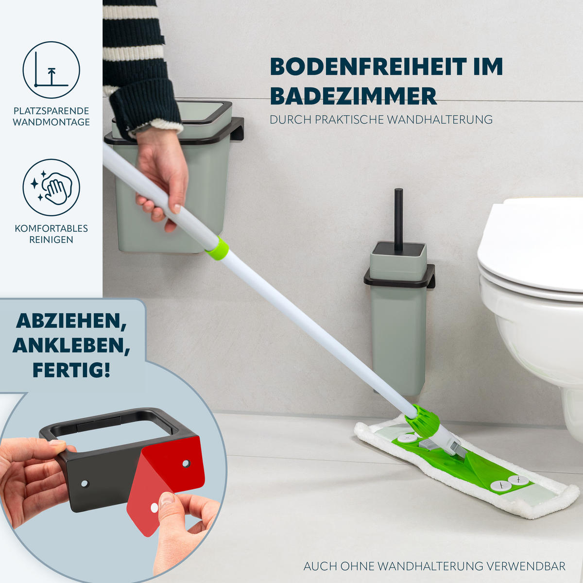 BAD-ACCESSOIRE-SET 2-TLG. Bürste u. Eimer SAVONA Softtouch inkl. Wandhalterung, eckig - salbei - Salbeigrün, Kunststoff (18/25/21cm) - bremermann