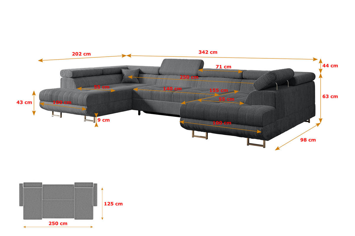 WOHNLANDSCHAFT mit Schlaffunktion und Bettkasten GUSA-U 342x202x107 cm Duneklgrau Cord - Dunkelgrau/Silberfarben, Holzwerkstoff/Textil (342/107/202cm) - ALTDECOR
