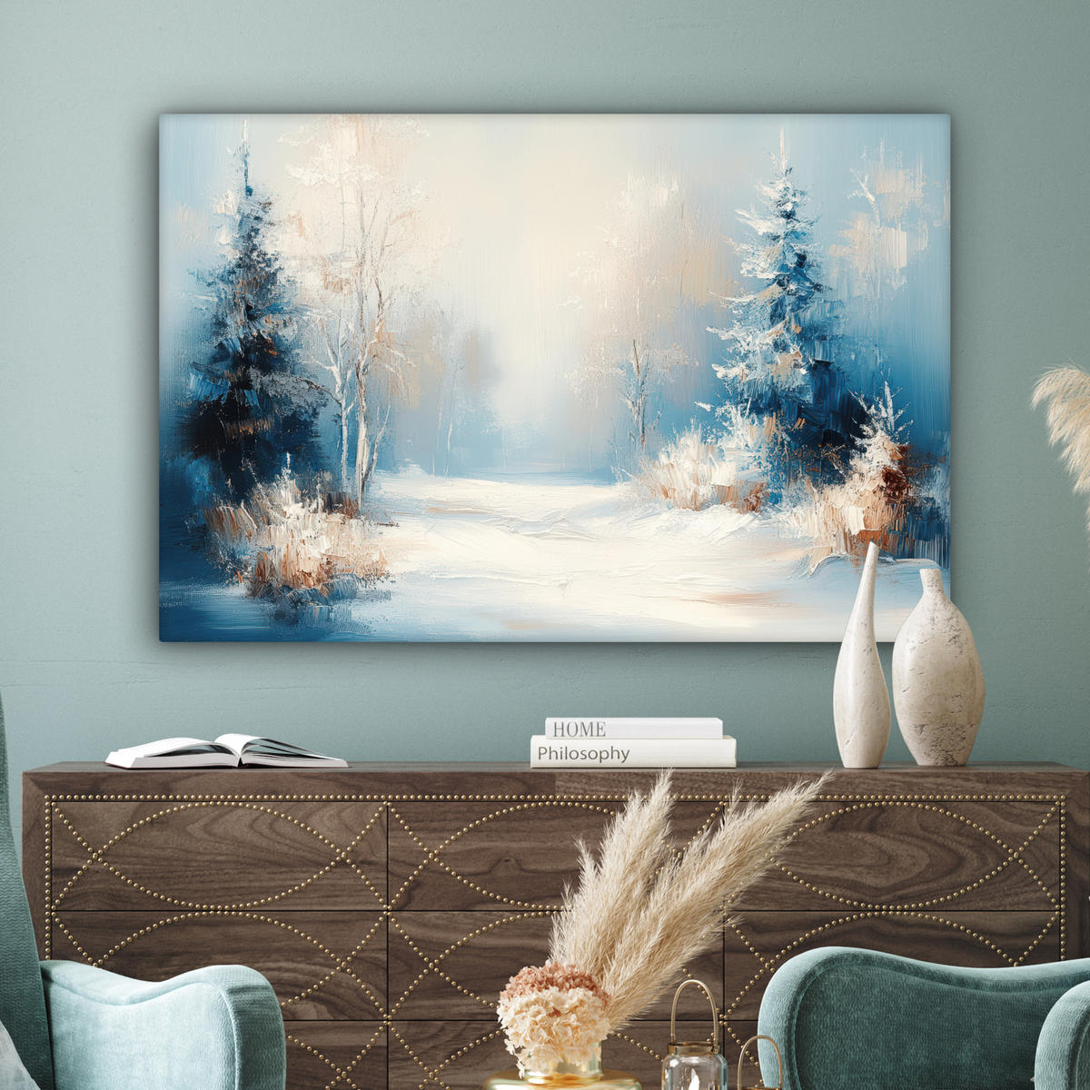 LEINWANDBILD Wald - Winter - Natur - Abstrakt - Schnee Wohnzimmer 120x80 cm - Weiß, Textil (120/80cm) - MuchoWow