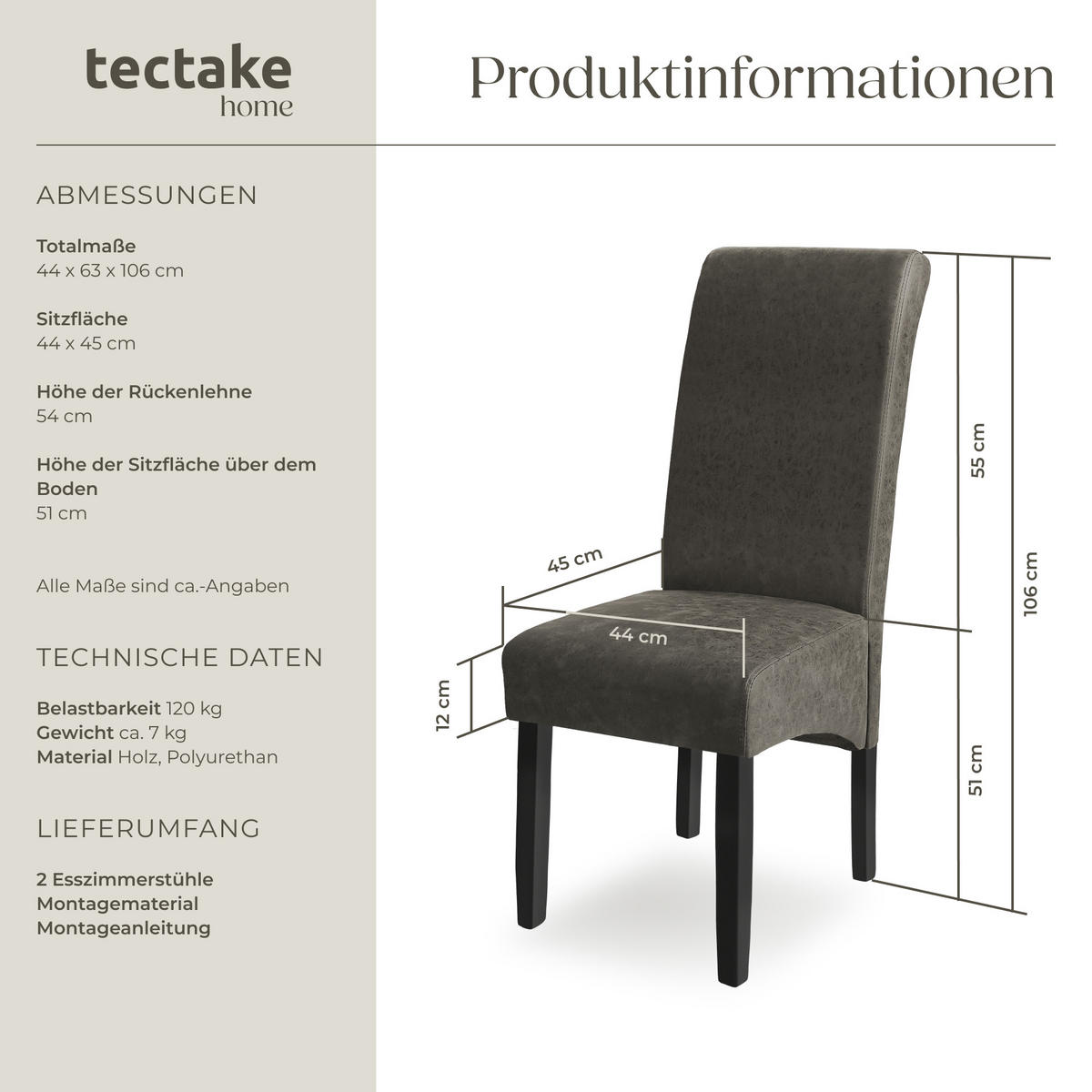 ESSZIMMERSTUHL 4er Set 44 x 63 x 106 cm grau marmoriert - Grau, Textil (44/106/45cm) - tectake