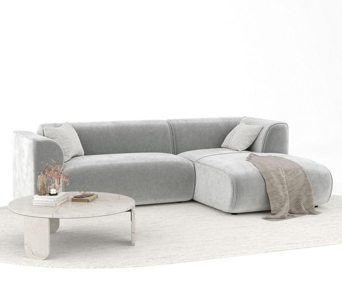 ECKSOFA Melani Hellgrau Samtstoff - Rechts Seite - Creme/Schwarz, Holz/Holzwerkstoff (162/256cm) - Maison de Reve