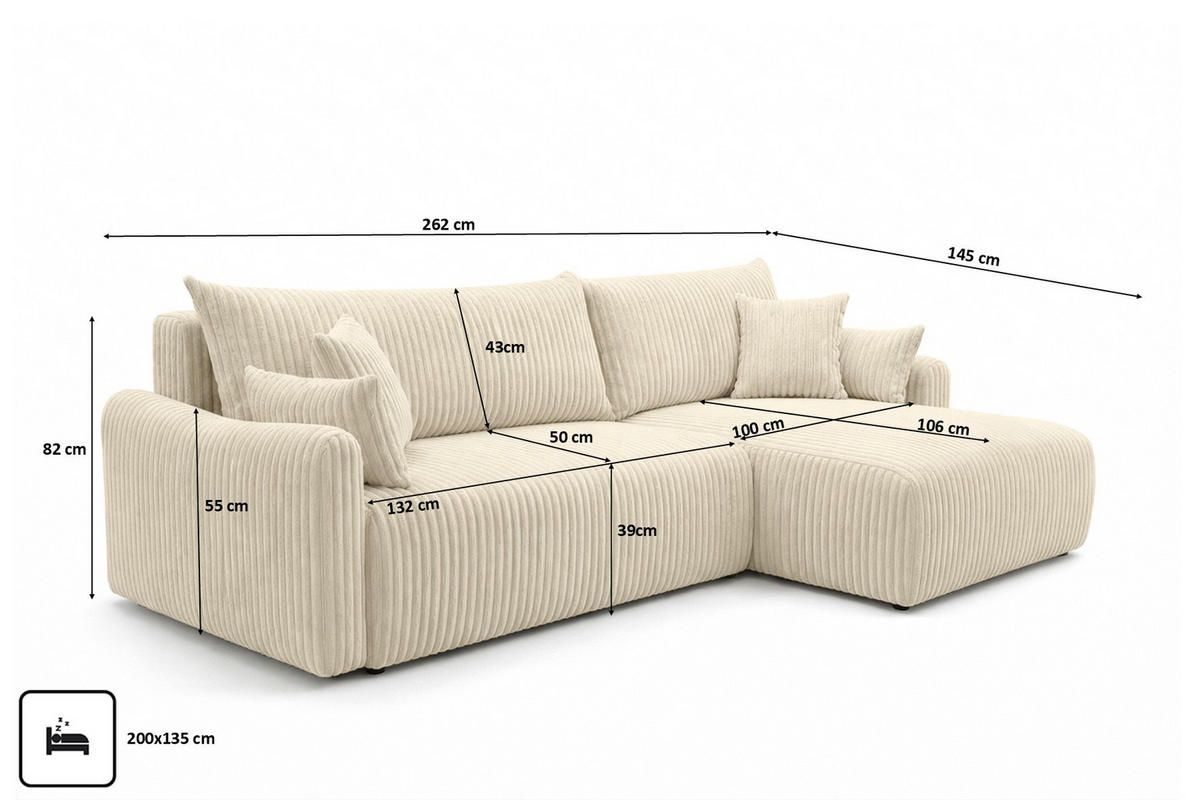ECKSOFA Mit Schlaffunktion, Cordstoff Tilia, Ecru, Rechts, JAPANDI - Ecru, Holz (262/145cm) - Kaiser Möbel
