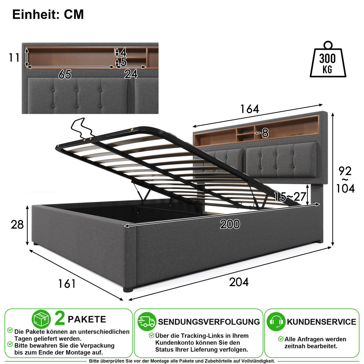 ČALOUNĚNÁ POSTEL 160/200 cm v šedé barvě s úložným prostorem, USB-C a zásuvkami - šedá, kov/kompozitní dřevo (160/200cm) - CHICFURN