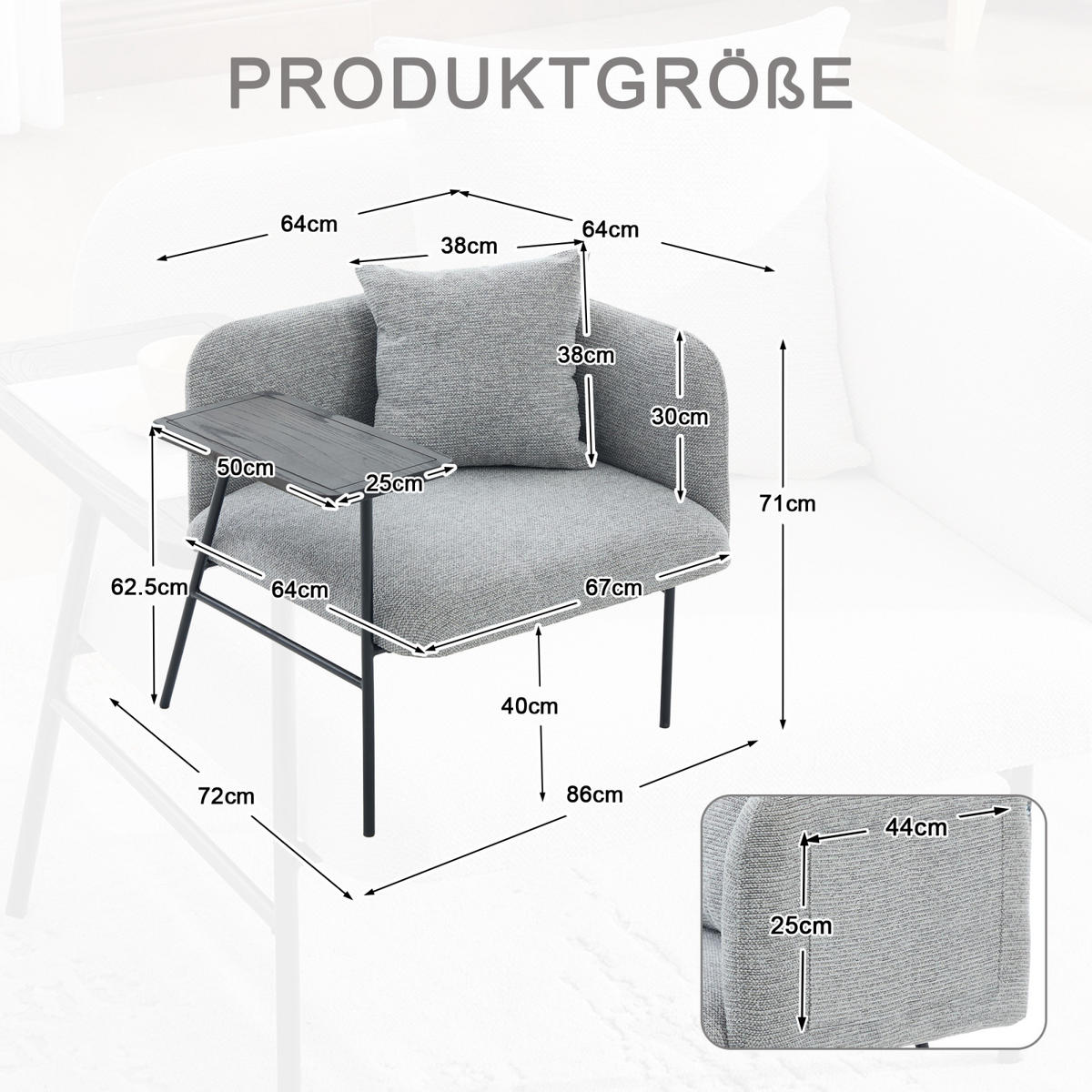 SESSEL mit Beistelltisch und Seitentaschen, Polstersessel Wohnzimmer, Grau - Grau, Textil (64/71/64cm) - PARAFTA HOME