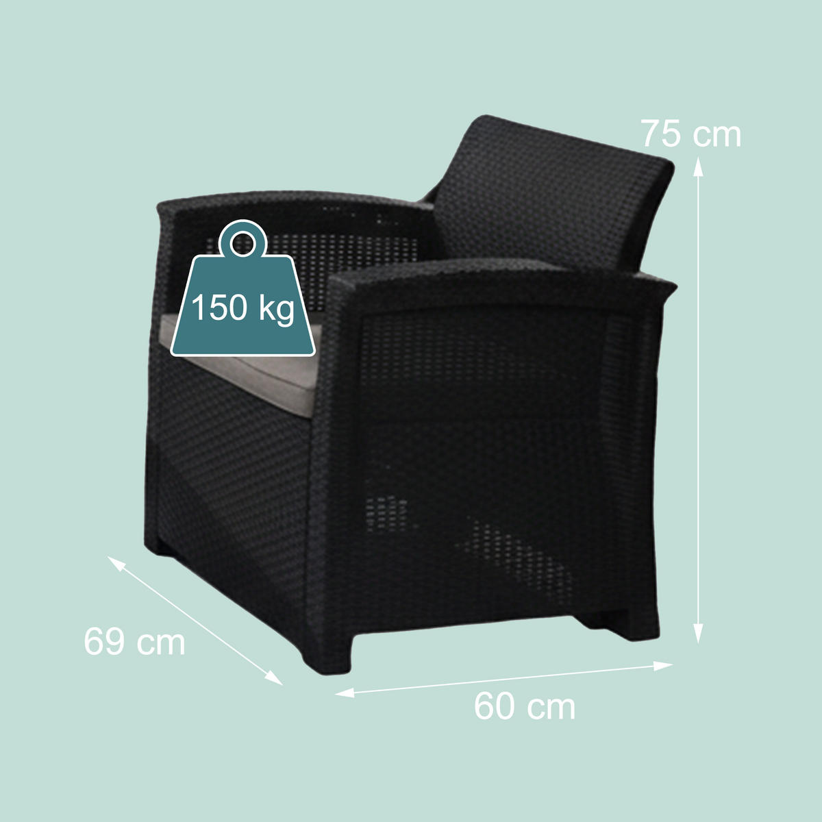 SET Natural mobilier de grădină 4-piese poliratan - negru, material plastic/material textil - Relaxdays