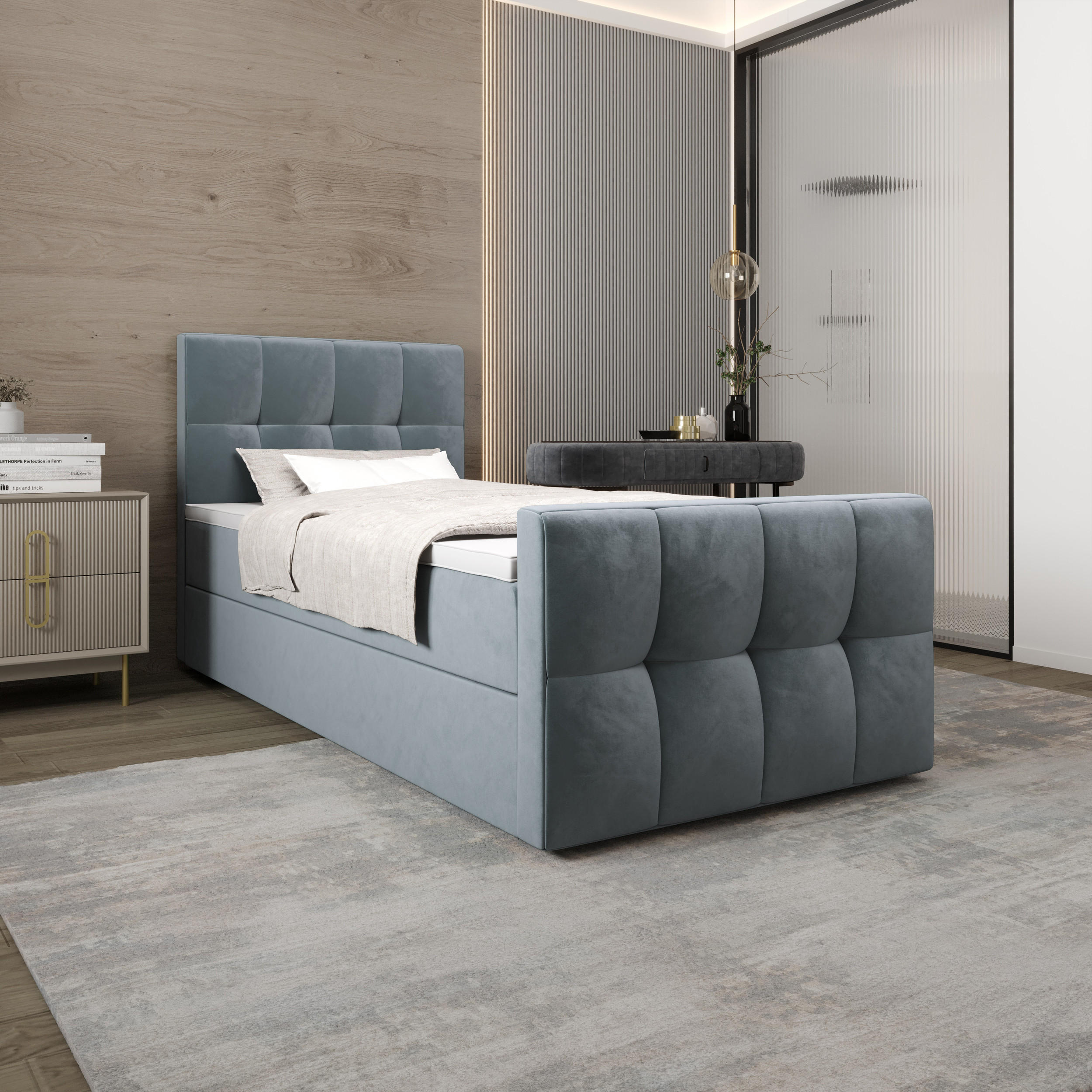 BOXBETT MANHATTAN mit Matratze H3, Bonell und Topper 100x200 Monolith 72 - Blau, Textil (100/200cm) - Bedante