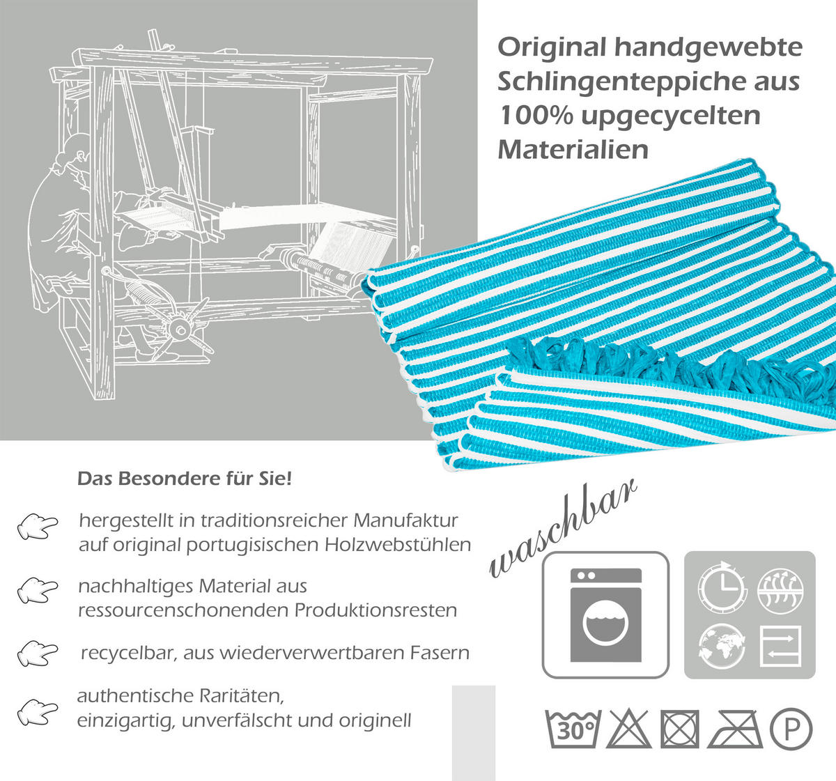 HANDGEWEBTER Läufer 50x70 cm Pazifik - Türkis, Naturmaterialien/Textil (50/70cm) - Lashuma
