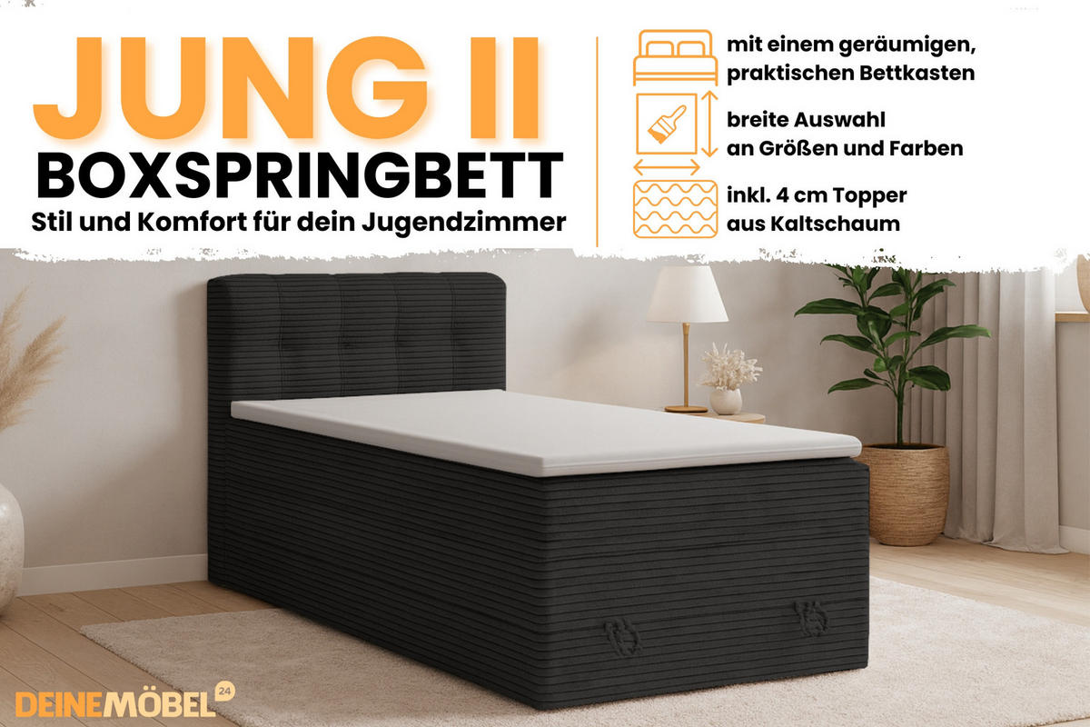 BOXSPRINGBETT JUNG 2 100/200 Cord Schwarz mit Matratzen H3 + H4 - Schwarz, Holz/Holzwerkstoff (100/200cm) - Deine Möbel 24