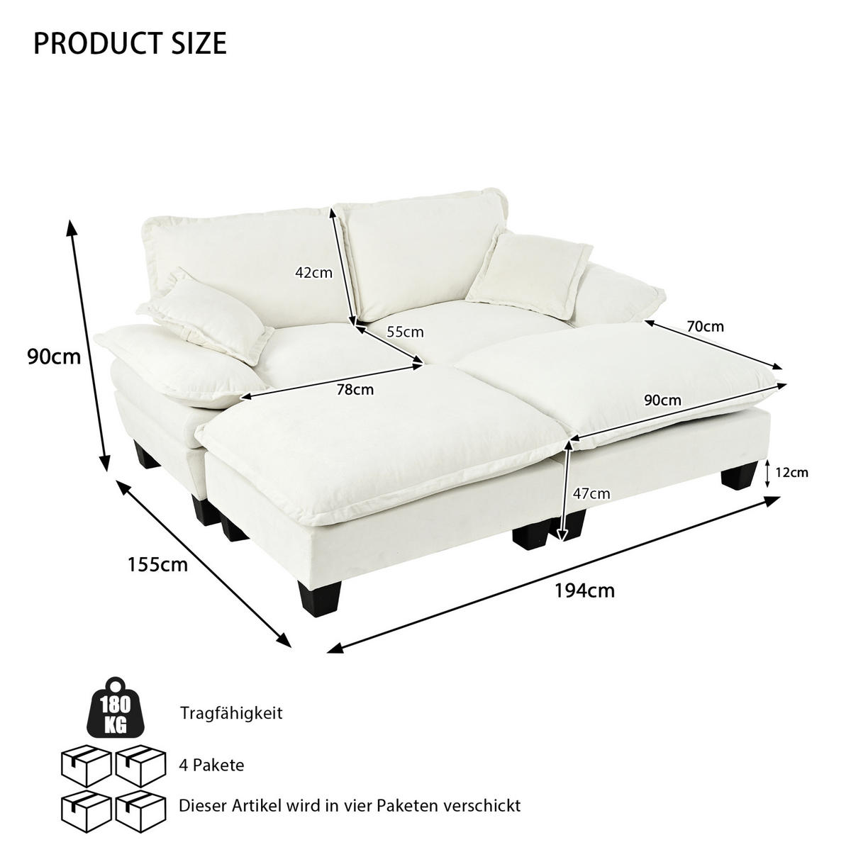 ECKSOFA 194/151/90 cm beige aus Chenille mit Ottomanen - Beige, Textil (151/194cm) - OKWISH