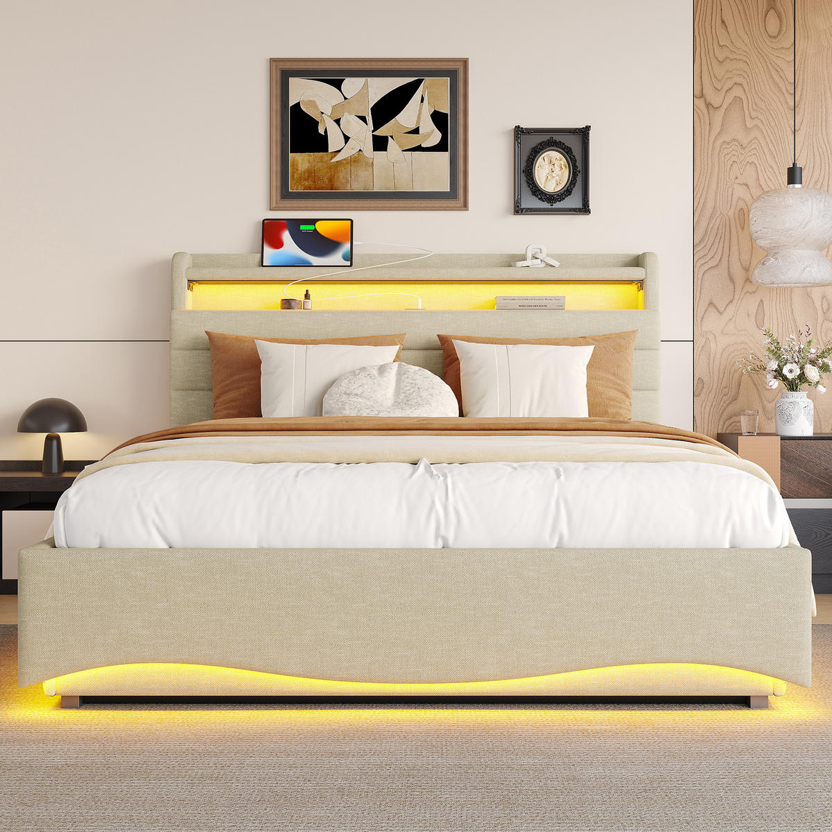 POLSTERBETT 140x200cm Beige LED Hydraulik USB Leinen - Beige, Holz (140/200cm) - FLIEKS