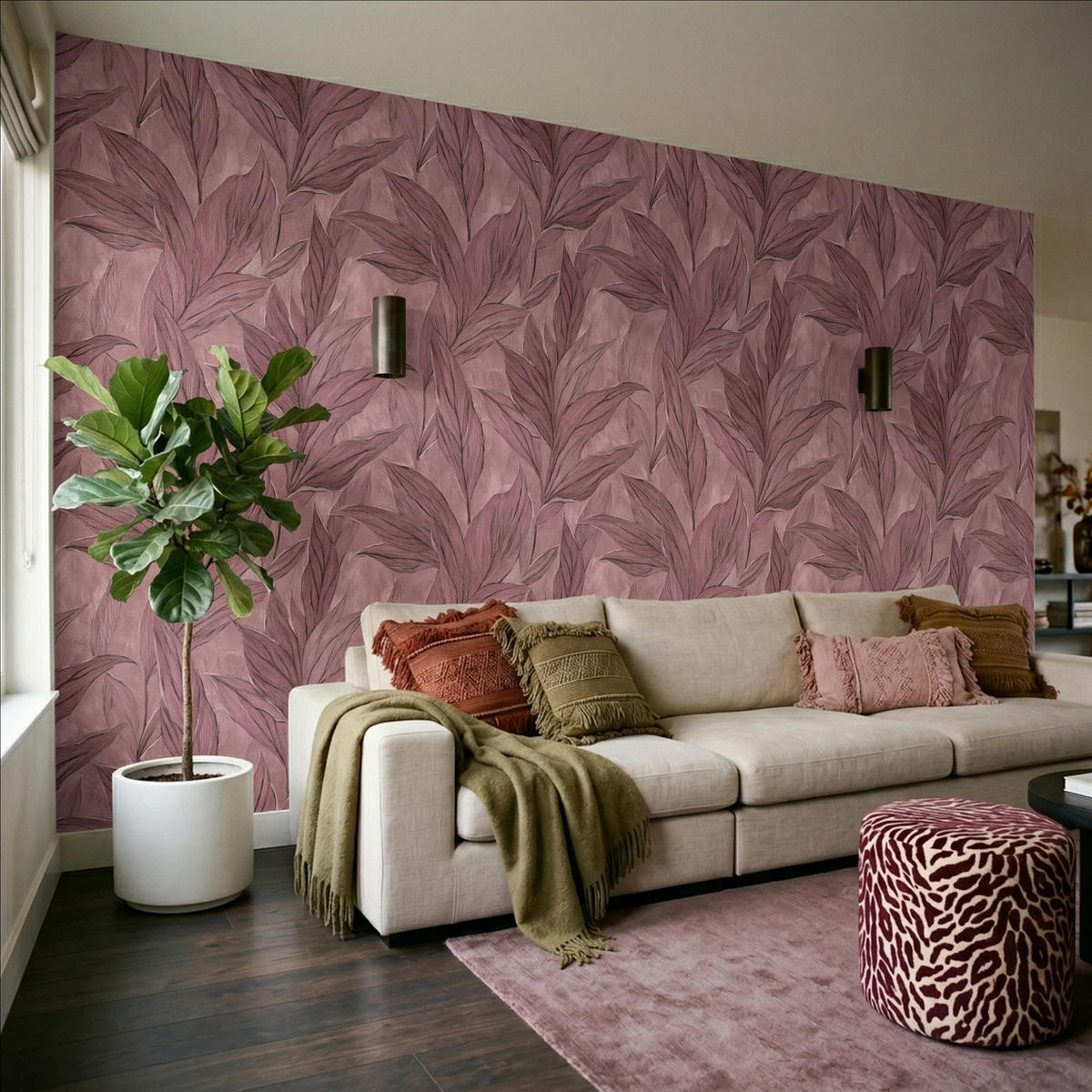 TAPETE - Blätter - Muster - Lila - 400x220 cm - Altrosa, Papier (400/220cm) - OnlyWow