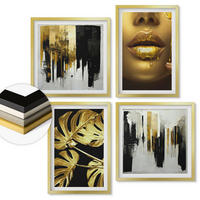 WANDBILDER 4er Set - 50x50 cm & 40x60 cm Goldrahmen - Abstrakte Blattmalerei - Goldfarben, Kunststoff (50/50cm) - ArtPrintCave