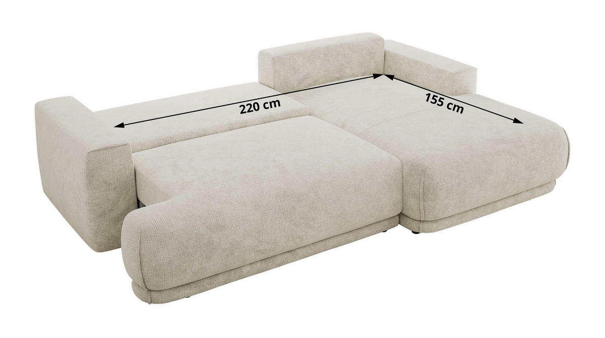 ECKSCHLAFSOFA RINA L Creme Schenille grob gewebt - rechts - Creme/Schwarz, Kunststoff/Textil (170/267cm) - MKS