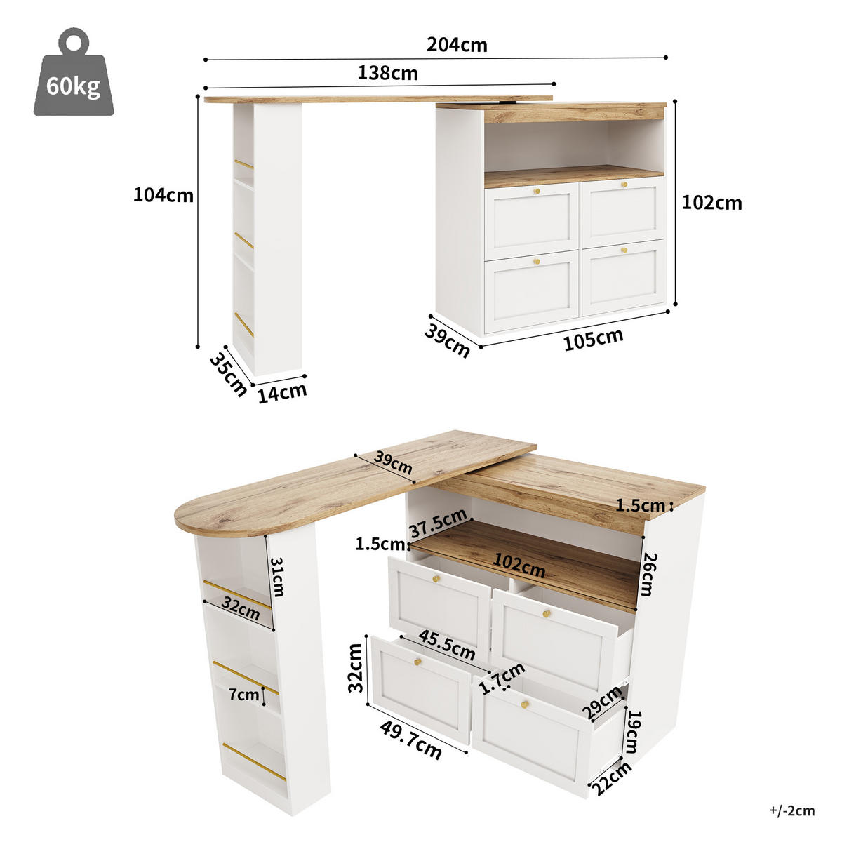 L-FÖRMIGER Schrank 105x39x102cm Weiß mit drehbarem Seitenrahmen & 4 Schubladen - Weiß, Holzwerkstoff (105/102/39cm) - Modfu