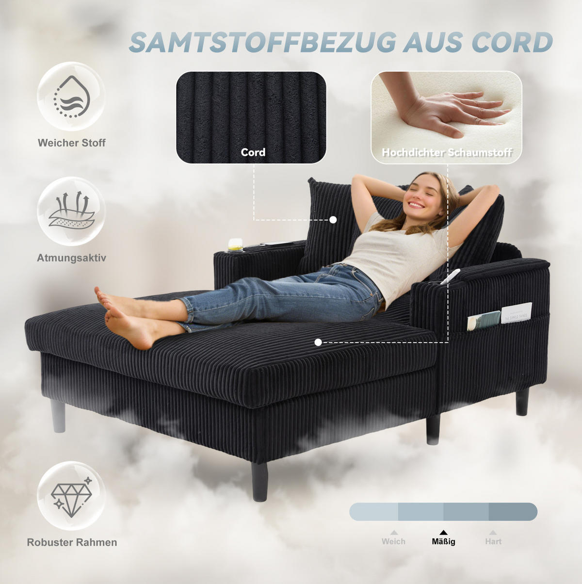 CHAISELONGUE 129/170/70 cm mit LED-Beleuchtung, USB-Anschluss, Becherhaltern und Stauraum, Schwarz - Schwarz, Textil (170/70/129cm) - Redom